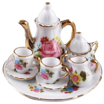 1:12 Miniaturni Porcelana Tea Cup Komplet Keramične Posode Čajnik Kuhinja Lutke Pribor Lutka Hiša Dekor