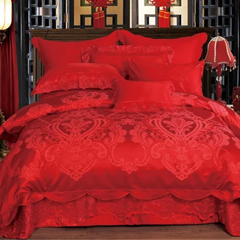 2019 Rdeče Jacquardske poročni kompleti posteljnine 4/10pcs kraljica kralj velikost rjuhe kritje nastavite čipka, razkošje posteljnino bedspread