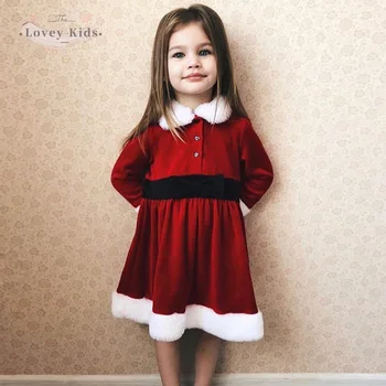 2020 Jesen Zimo Božič Baby Girl Oblačenja Princesa Dolgo Flare Rokav Plišastih Mozaik Božič Rdeče Obleke A-line Otroci Oblačila