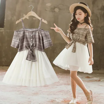 2020 Poletje Nova Dekleta Off-ramenski Obleke Baby Dekleta Kariran in Očesa Mozaik Obleke Otroci Elegantne Obleke za Dekleta, #8469
