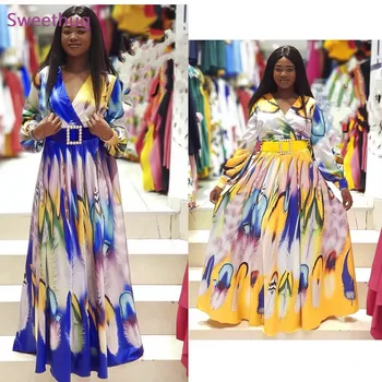 2021 Plus Velikost Afriške Ženske Obleke Poletje Obleko Maxi V Vratu Letnik Pasu Tiskanja Dolg Rokav Boubou Africain Femme Vestidos