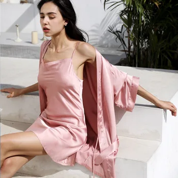 2021 Poletje Nove Ženske Haljo Seksi Saten Nightgown More Priložnostne Sleepwear Svoboden Intimno Perilo Kimono Obleke Kopalni Plašč