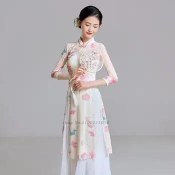 2022 cheongsam, ples, oblačila, visoke režejo elegantno cvet tiskanja šifon obleko klasične opravljanju strokovne prakse oblačila