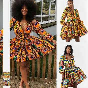 2022 Jeseni Seksi Modni Afriške Ženske Proti-vrat Poliester Tiskanje Plus Velikost Obleko