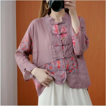 2022 Moda za Ženske Bluze Vezenje Bombaža Ženske Majica Kitajski Tradicionalni Slog Oblačil za Ženske Eleganten Dolg Rokav Vrh