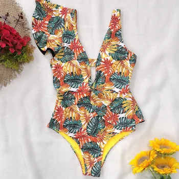 2022 Poletje Ženske Modni Plaža, Bikini Kopalke Ruffles Cvjetnim Tiskanja Enem Kosu Backless Kopalke Kopel Obleko