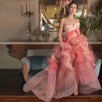 2022 Princesa Coral Red 3D Cvet Organza Maturantski Halje Off Ramo Glej Thru-line Dolgo Formalni Dogodek Stranke Obleke