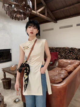 2022 tradicionalni kitajski dolgo slog qipao vrhovi za ženske elegantne brez rokavov bluzo letnik cheongsam visoko split ženske oblačila
