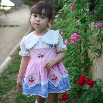 2PCS Z majico Poletje Baby Japonski Srčkan Otrok Retro Vezene Čipke Kariran Design Obleko Za Deklice, Velikonočni Eid A1496
