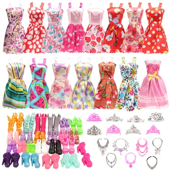 32 kos/komplet Modni Lutka Obleko in Pribor =10 Obleko +10 Čevlji +6 Krono +6 Ogrlica za Barbie je 11,5-palčni Lutka Otroci Igrače