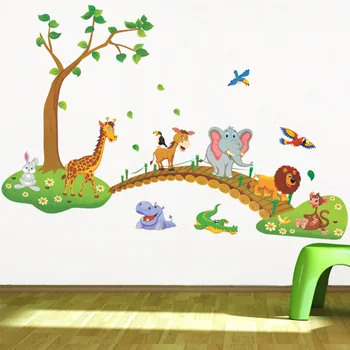 3D Cartoon Džungle divje živali, drevesa most lev, slon, Žirafa ptice, rože stenske nalepke za otroke, soba, dnevna soba doma dekor