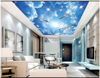 3d ozadje po Meri, 3d stropne freske ozadje steno, Modro nebo, beli oblaki galeb strop v ozadju stene papirja soba dekoracijo