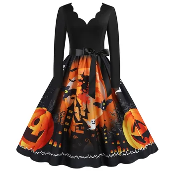 50s, 60s Fancy Pumpkin Halloween Ženska Obleka z Dolgimi Rokavi Sredine Dolžina Princesa Obleko Dame Kopalke Festival Stranka Vintage Plašč