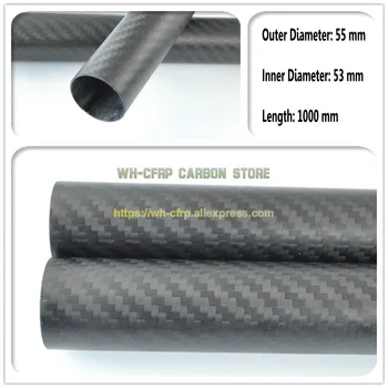55mm OD x 53mm ID Ogljikovih Vlaken, Cev 3k velikosti 1000 mm Dolge (Roll Zavit) ogljikov cevi , s 100% ogljikovega polne, Japonska 3 k izboljšanju materiala