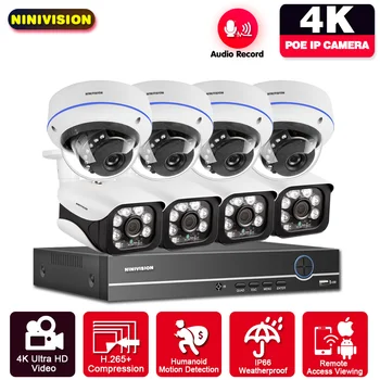 8CH 4K 8MP H. 265 NVR Ultra HD POE Omrežja, Video nadzorni Sistem 8MP Bullet Dome Vremensko IP Varnostne Kamere CCTV Kit
