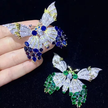 925 sterling srebrni barvi s kubičnih cirkon metulj broška zatiči insektov modro zeleno barvo fine ženske, nakit 49*60MM brezplačna dostava