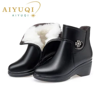 AIYUQI 2023 Zimski Škornji Ženske Pravega Usnja Velika Velikost Mati Klin Boot Black Platforma Čevlji, Debele Volne Gleženj Škornji