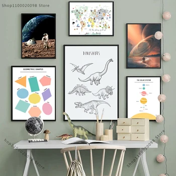 Astronavt Prostor Sanjač Dinozaver Planet Zemljevid Wall Art Platno Slikarstvo Nordijska Plakatov In Fotografij Slike Za Dnevna Soba Dekor