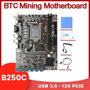 B250C 12 Kartico BTC Rudar Matično ploščo+Switch Kabel+SATA Kabel+Termalno Pasto/Pad 12XUSB3.0 Do PCIE LGA1151 DDR4 Režo MASAT