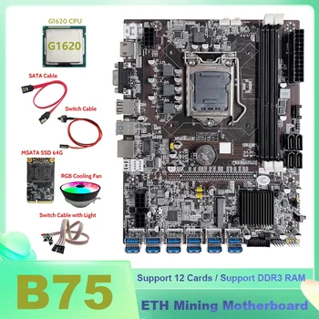B75 BTC Rudar matične plošče, 12XUSB+G1620 CPU+MSATA SSD 64 G+Switch Kabel+SATA Kabel+Switch Kabel S Svetlobo+RGB Hladilni Ventilator