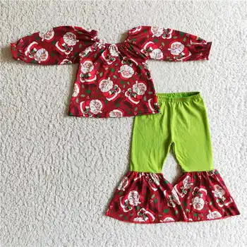 Baby Dekle Božič Santa Obleko Otrok Dolg Rokav Vrh Zelena Bombaž Bell Dnu Hlače Malčka Komplet Za Malčke Otrok Pižamo Oblačila