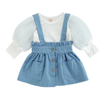 Baby Dekle Oblačila, ki Barva Dekleta Dolgo Očesa Rokav O-vrat Vrhovi Denim Suspender Krilo Ruffles Otrok 