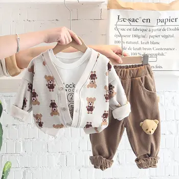 Baby Fantje Kompleti Oblačil za Pomlad Otroci, Oblačila, Otroški Cartoon Medved pletenje Coats T Shirt velvet Hlače 3 Kos Obleko Obleke
