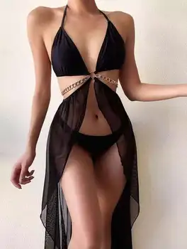 Barva Bikini Obleko za Ženske Seksi Dolgo Krilo Povodcem Bikini z Preja Poletje Plaža Krilo prikriti Trikotnika, En Kos Kopalke