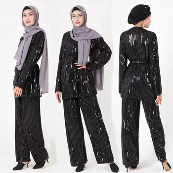 Bleščica Abaya Dubaj Muslimanskih Vrhovi Ansambel Femme 2 Kosa Pantalon Oman Pakistan Islamskih Molitev Oblačila za Ženske Obleka Komplet