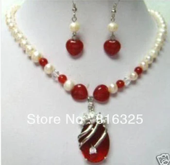 BREZPLAČNO SHIPPINGCharming! pearl Rdeč kamen ogrlico, uhane Set (A0423)