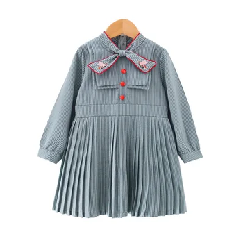 Dekleta Obleko Jeseni Anglija Slog Princesa Obleko Otroci Oblačila Prugasta Design Lok za Dekleta Obleke, 2-6Y modra
