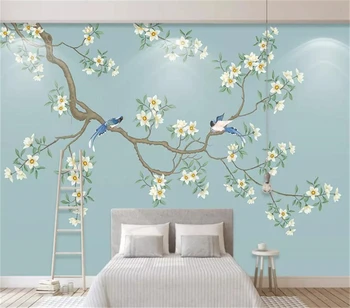 Dekorativne tapete Majhne sveže slog cvetje in ptice v ozadju stene slikarstvo