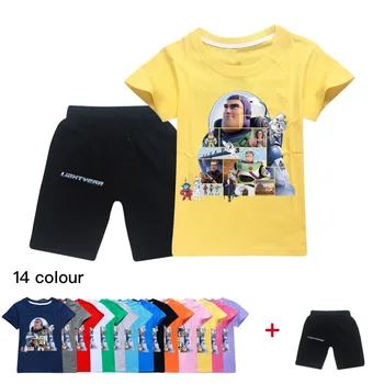 Disney Buzz lightyear Risanka Dekleta Obleke Poletje Otroci 3D Tiskanje Fashion Majica s kratkimi rokavi Oblačila Sklop 2-16 Let