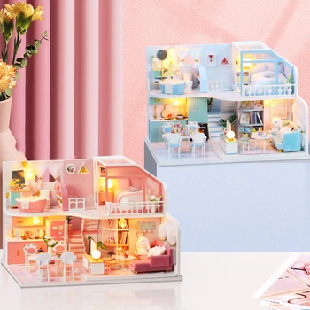 DIY Miniaturne Zgradbe Kompleti Lesene Lutke S Pohištvom 3D Sodobne Mansarda Lutka Hiša Zbiranja Igrač za Dekleta Rojstni dan Darila