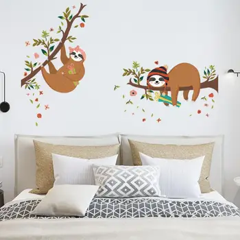 Dve Sloths preverjanja drevo Stenske Nalepke otroka otroške sobe, spalnica dekoracijo Zidana Umetnosti Nalepke Živali nalepke doma dekor ozadje