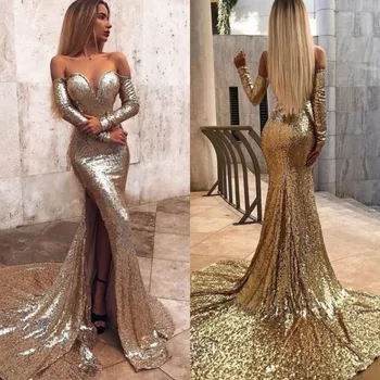 Elegantne Ženske Formalno Gala Obleko Plus Velikost Arabski Muslimani Zlata Morska Deklica Z Dolgimi Rokavi Večer Prom Obleke, Obleke Dolgo