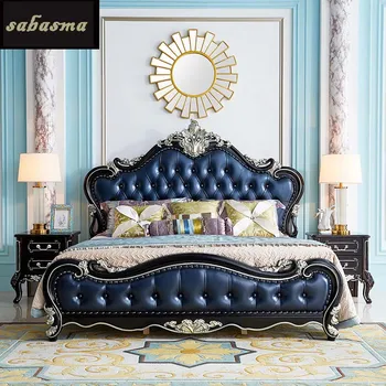 Evropski zakonsko posteljo 1,8 m poročno posteljo luksuzni ebony vklesan usnje posteljo Ameriški spalnico svetlobno razkošje velika postelja