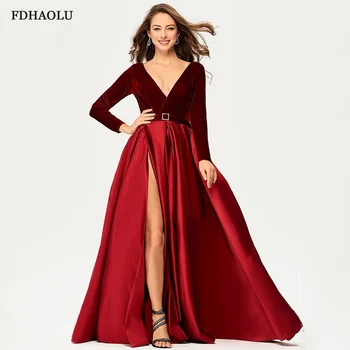 FDHAOLU AE126 Burgundija Dolge Večerne Obleke Proti-Vrat Velur Saten Formalno Obleko Visoko Režejo Eleganten Dolg Rokav Večernih Oblek