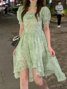 Francija Green Fairy Oblačenja Žensk Poletje Elegantno Seksi Stranka Mini Obleke, Casual Visoko Pasu Puff Rokav Korejski Nezakonitih Obleko 2022