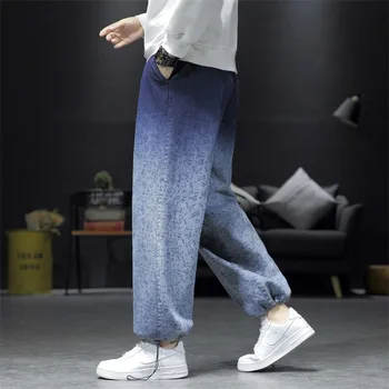 Gradient Natisnjeni Blue Jeans za Najstniške Harajuku Modni Trendi Ulične Mens Traper Harem Hlače, Plus Velikost Moška Športna Oblačila