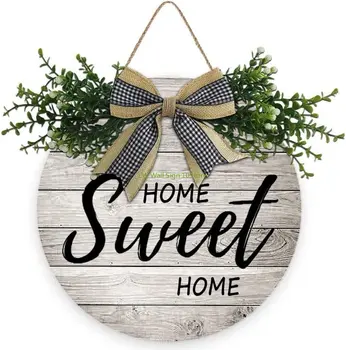 Home Sweet Home Dekor Venci Znak, vhodna Vrata, Okrogel Les Visi Znak s Traku Lok in Umetni Zeleni Listi