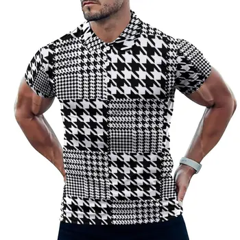 Houndstooth Priložnostne Majice Črno-Bel Mozaik Majice Polo Moški Letnik Majica Datum Kratkimi Rokavi Design Vrhovi 4XL 5XL 6XL