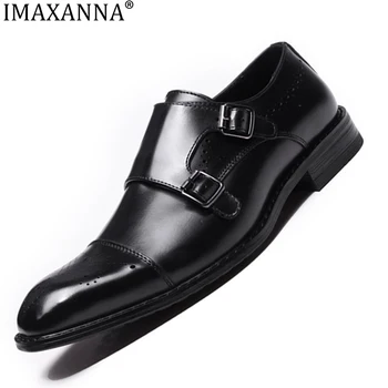 IMAXANNA Pomlad Nov Blok Vklesan moška Obutev Poslovna Obleka Usnjeni Čevlji za Moške Britanski Črne Sponke Oxford Čevlji