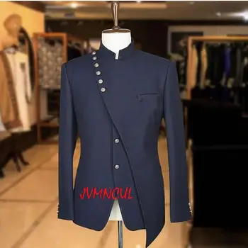 Inregular Design Mornarsko Modra Moške Obleke, Poročni Ženina Tuxedos 2 Kosa Formalno Jopič Dvema Gumboma Maturantski Obleko (Suknjič+Hlače)