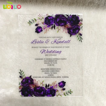 Jasno akril kartico s tiskanje po meri,vijolična flora lepo poroko, rojstni dan, vabila akril