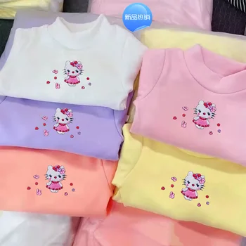 Kawaii Sanrioed Plišastih Anime Hello Kitty Dekle T-Shirt Risanka Dolg Rokav Dno Majica Otrok Pulover Puloverji Božično Darilo