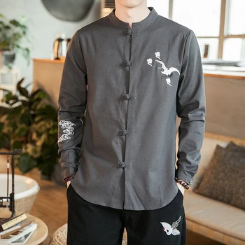 Kitajski Stil za Moške Perilo Vrhovi Žerjav Vezenje Casual Velikost Long Sleeve Majica Retro Tang Tradicionalna Kitajska Obleka