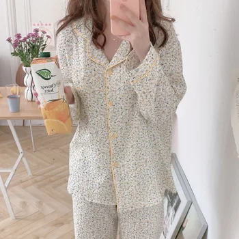 Korejski Ins Cvjetnim Tiskanja Jeseni Doma Obleko Ženske Beloprsi Singl Majice + Hlače Nastavite Dva Kosa Doma Obleko Bombaž Sleepwear