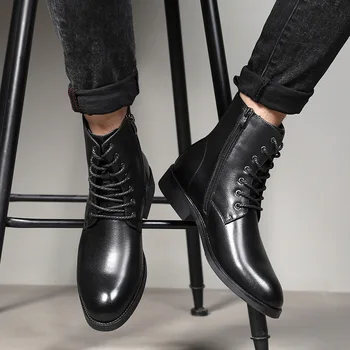 Korejski stil za moške prosti čas poslovanja urad formalnih obleke originalni usnjeni škornji čipke-up plima čevlji kavboj boot gleženj botas mans