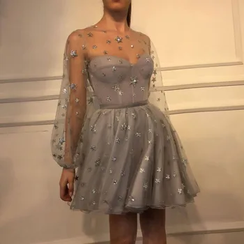 Kratek Prom Obleke z Iluzijo Dolge Rokave Seksi Črto Beading Til Nad Kolena Mini Cocktail Party Halje 2023